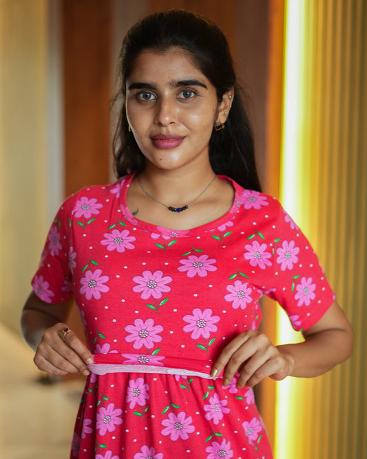 Feeding Wear with Puff Sleeve Red pink 47 inches