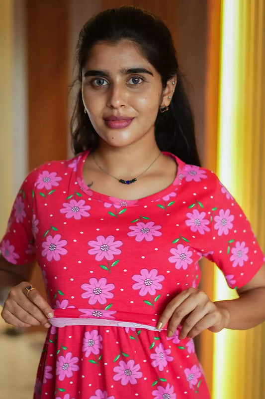 Zipless Feeding Maternity Wear without Puff Sleeve Red Pink