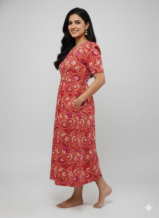 Capri Feeding Wear with Puff Sleeve Red Sandal Floral