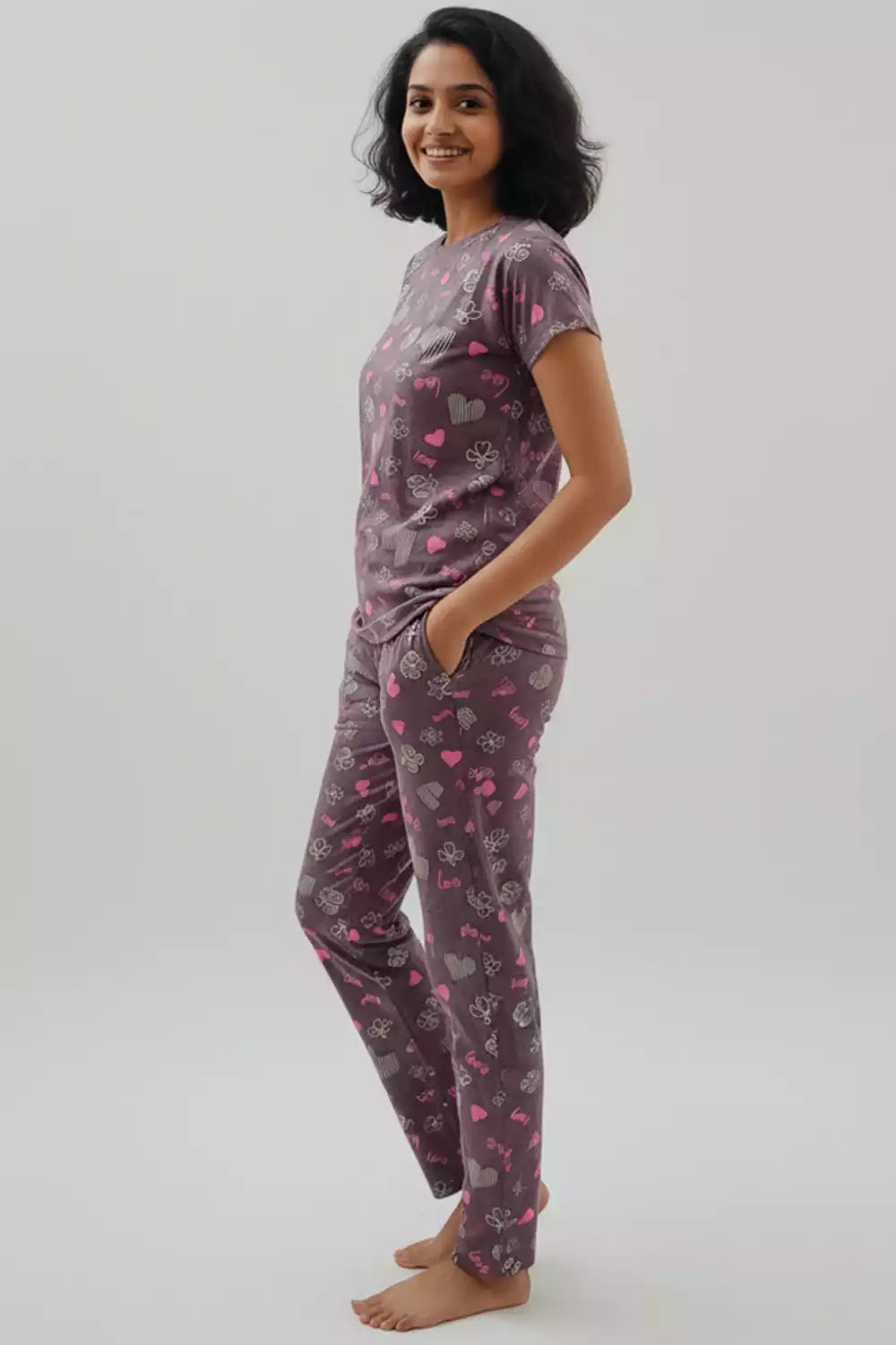 Pyjama Co-Ords Tan Pink Heart