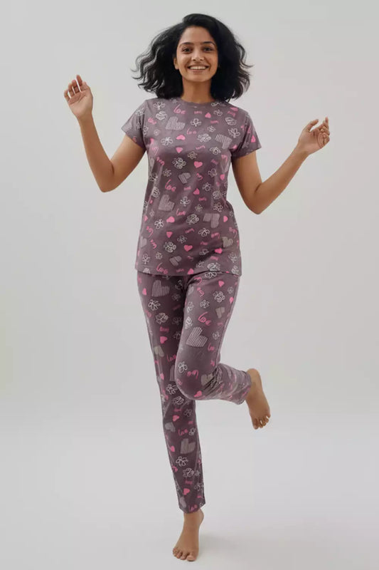Pyjama Co-Ords Tan Pink Heart