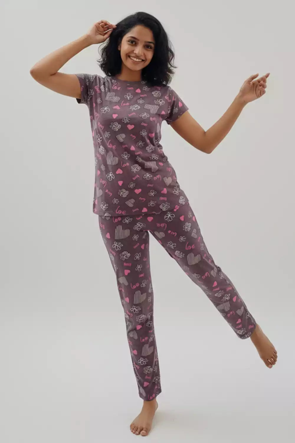Pyjama Co-Ords Tan Pink Heart