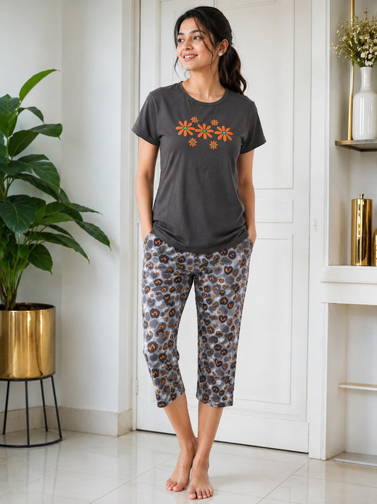 Bloom Daisy Cotton Capri Night Suit for Women | Soft Lounge Wear