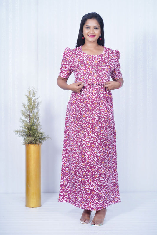 Zipless Feeding Maternity Gown- Puff sleeve 52 inches