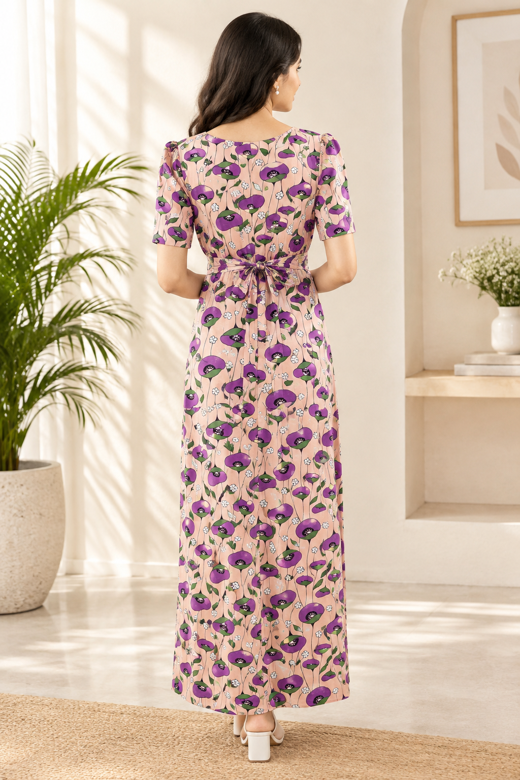 Zipless Feeding Maternity Gown Beige Purple Floral - Puff sleeve 52 inches