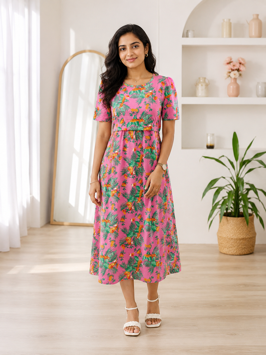 Capri Feeding Wear with Puff Sleeve Royal Pink Floral
