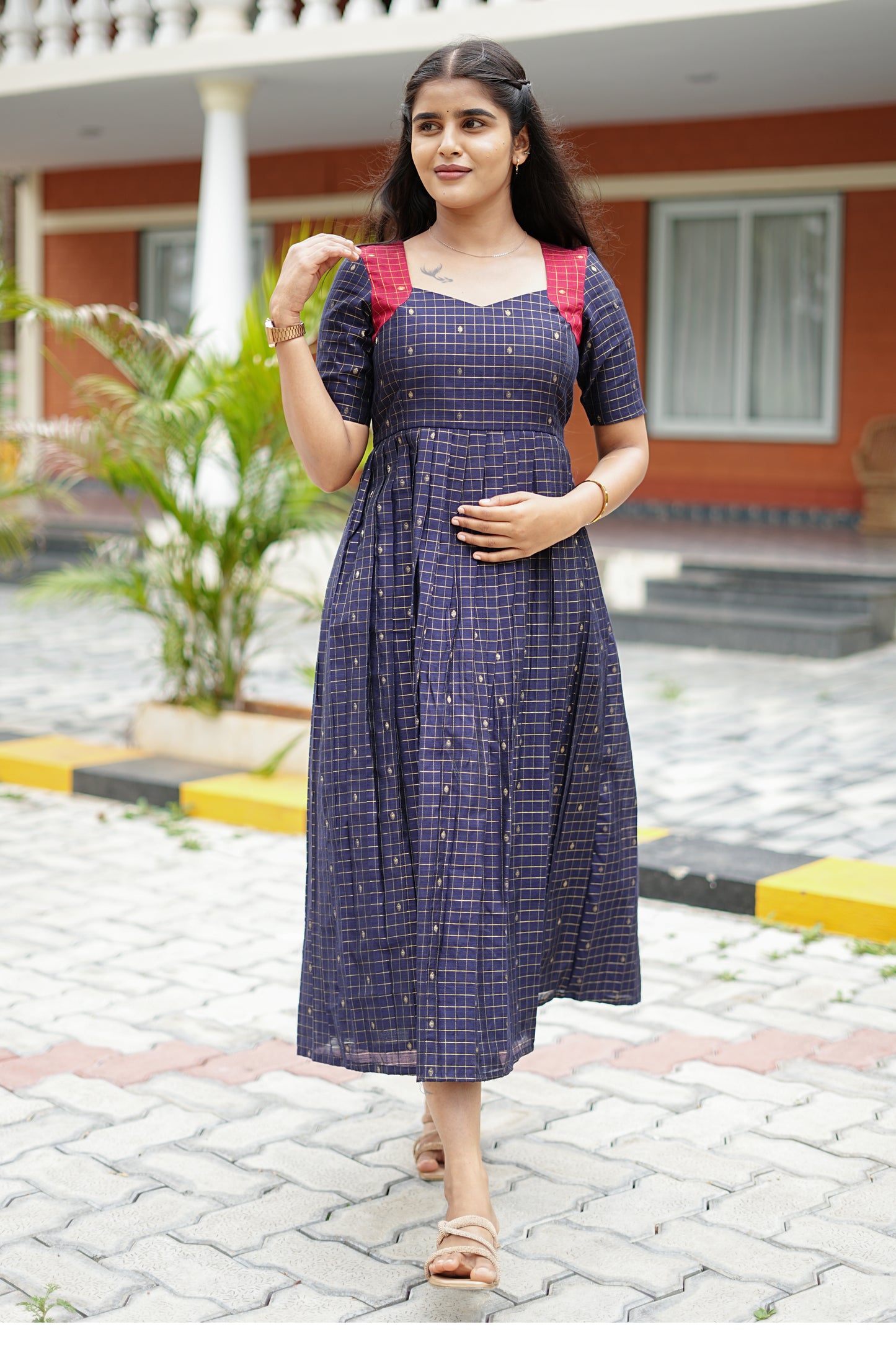 Navy Check Elegance Maxi Dress for Women | Checked Cotton Maxi Dress | LCMN 012