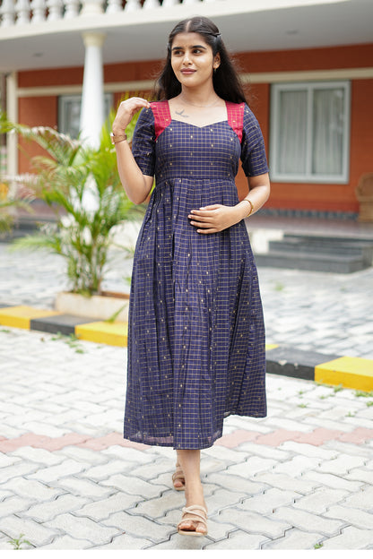 Navy Check Elegance Maxi Dress for Women | Checked Cotton Maxi Dress | LCMN 012