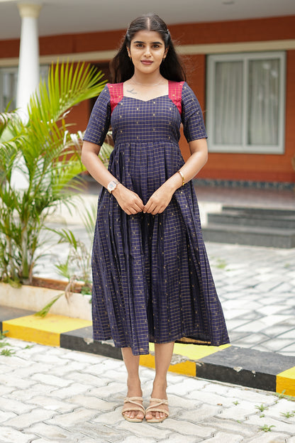 Navy Check Elegance Maxi Dress for Women | Checked Cotton Maxi Dress | LCMN 012