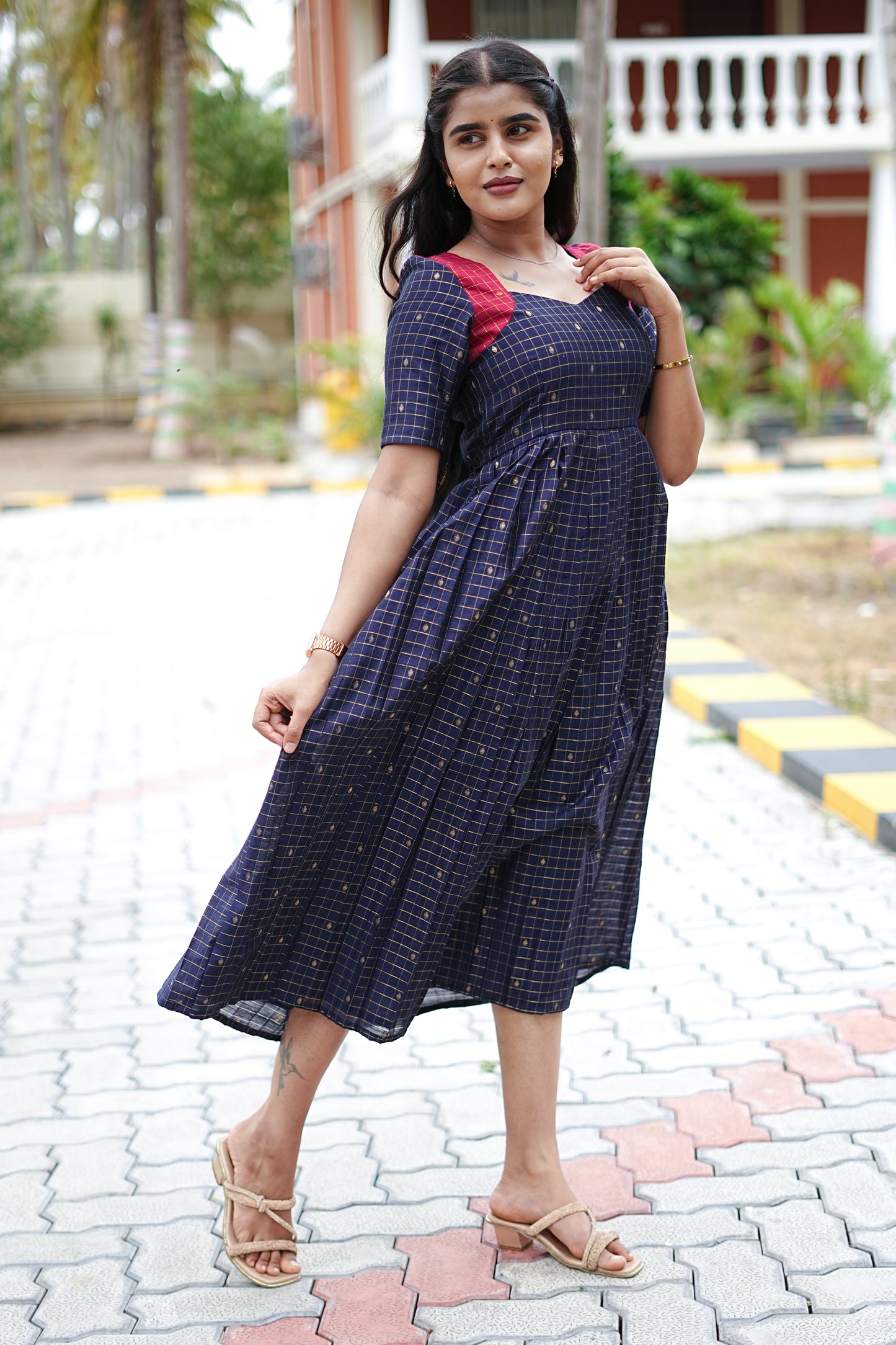 Navy Check Elegance Maxi Dress for Women | Checked Cotton Maxi Dress | LCMN 012