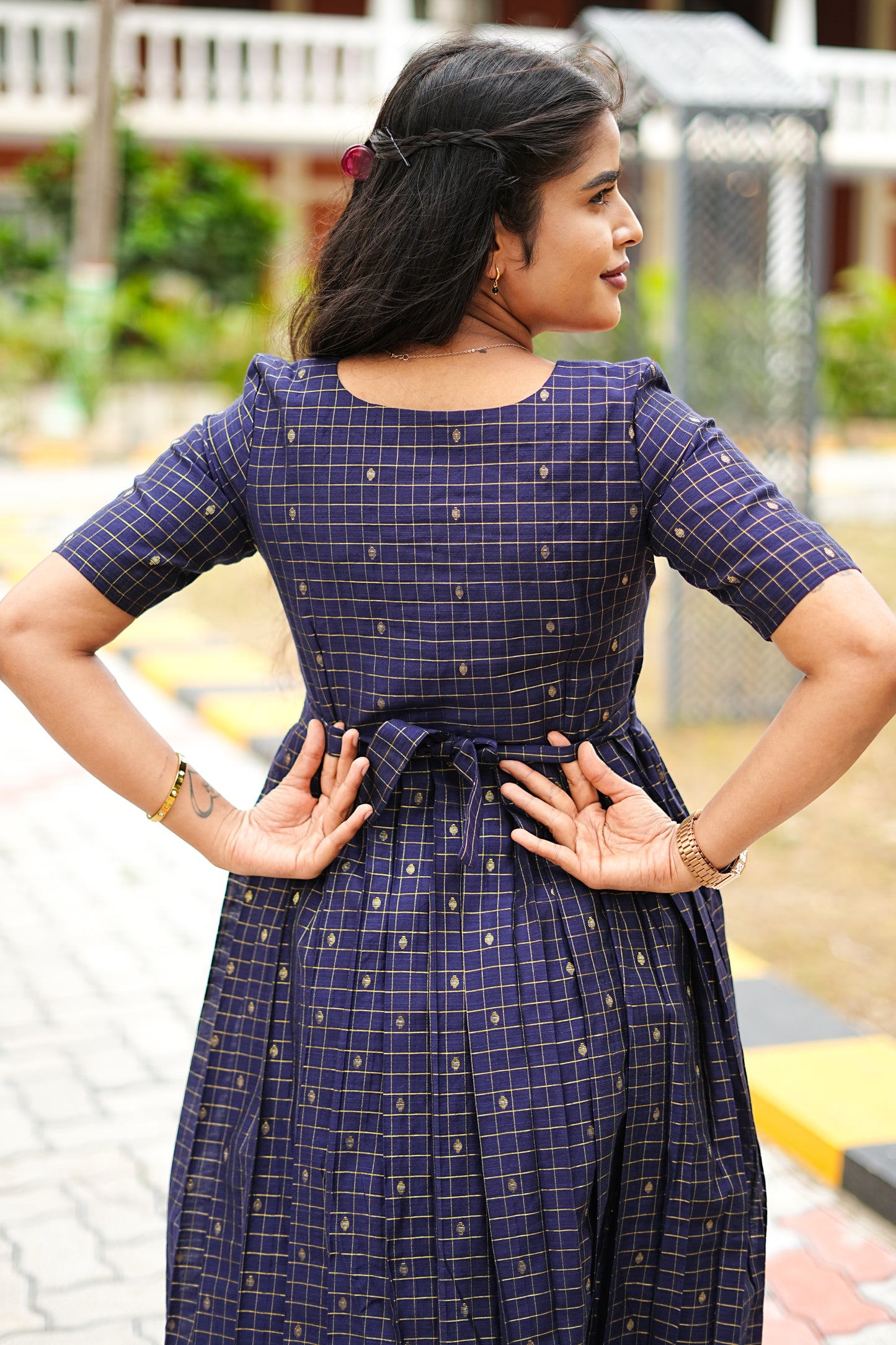 Navy Check Elegance Maxi Dress for Women | Checked Cotton Maxi Dress | LCMN 012