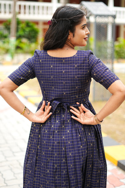 Navy Check Elegance Maxi Dress for Women | Checked Cotton Maxi Dress | LCMN 012