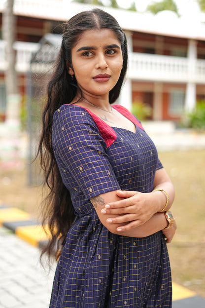Navy Check Elegance Maxi Dress for Women | Checked Cotton Maxi Dress | LCMN 012