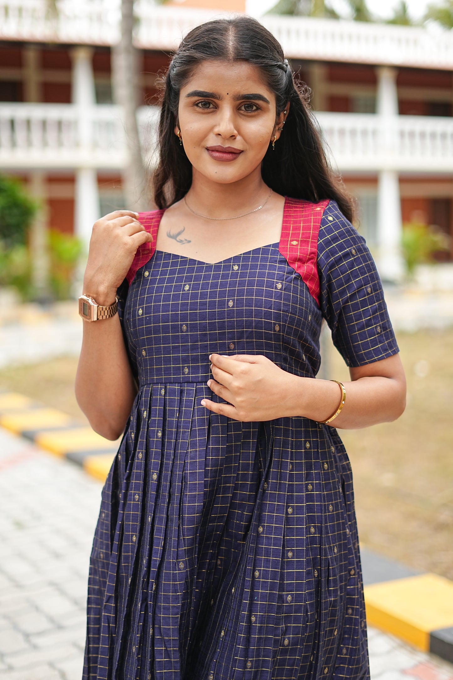 Navy Check Elegance Maxi Dress for Women | Checked Cotton Maxi Dress | LCMN 012