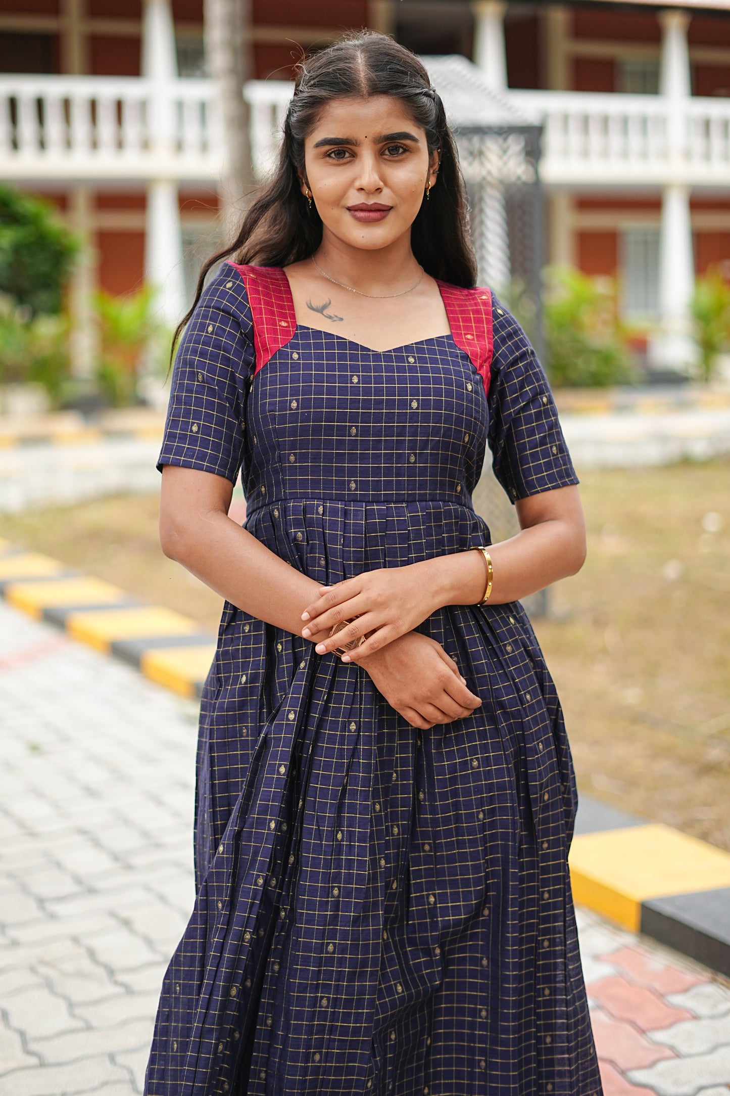 Navy Check Elegance Maxi Dress for Women | Checked Cotton Maxi Dress | LCMN 012