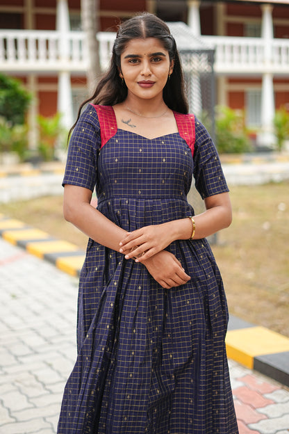Navy Check Elegance Maxi Dress for Women | Checked Cotton Maxi Dress | LCMN 012