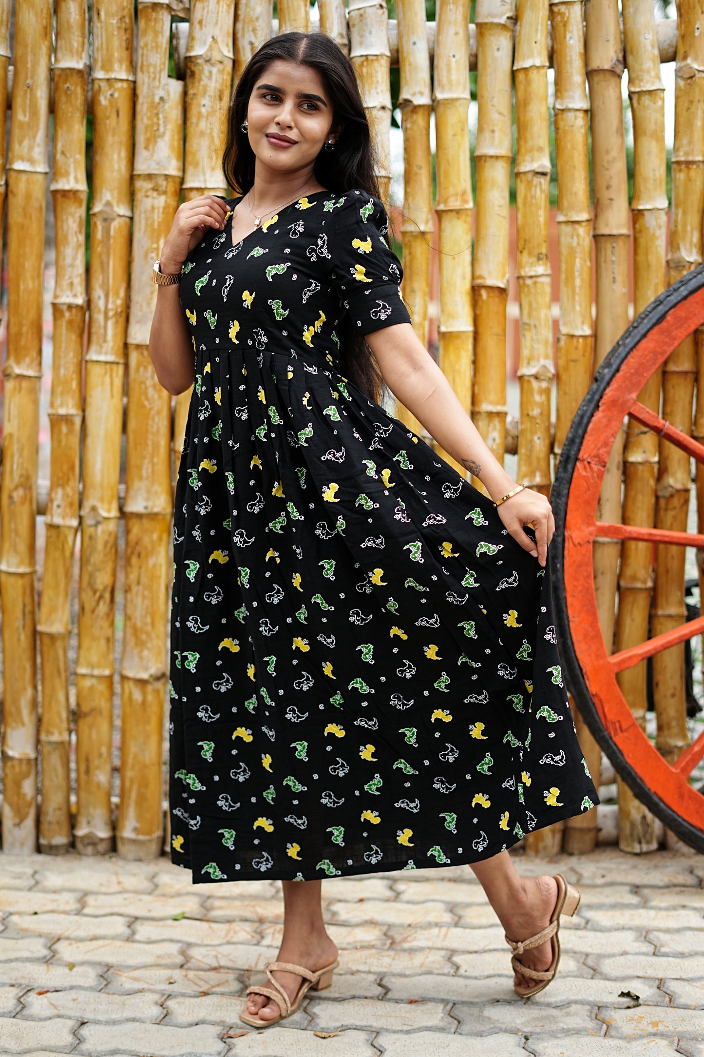 Midnight Black Bunny Maxi Dress for Women | Soft Cotton Printed Maxi Dress | LCMM 011