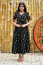 Midnight Black Bunny Maxi Dress for Women | Soft Cotton Printed Maxi Dress | H - 002