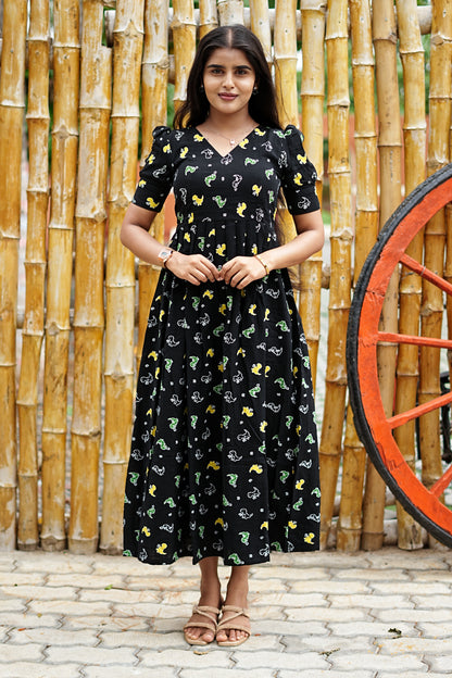Midnight Black Bunny Maxi Dress for Women | Soft Cotton Printed Maxi Dress | LCMM 011