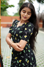 Midnight Black Bunny Maxi Dress for Women | Soft Cotton Printed Maxi Dress | H - 002