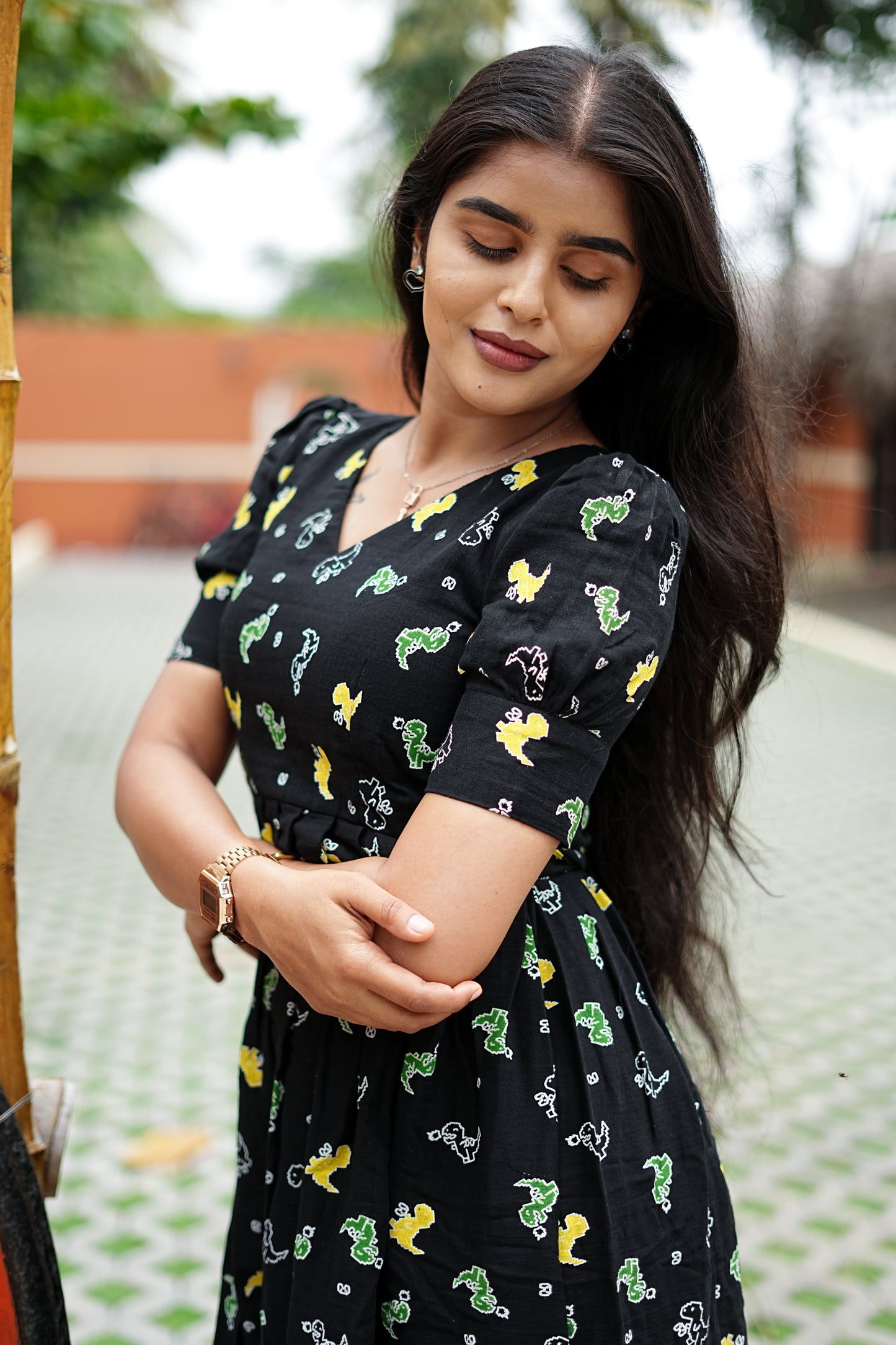 Midnight Black Bunny Maxi Dress for Women | Soft Cotton Printed Maxi Dress | LCMM 011