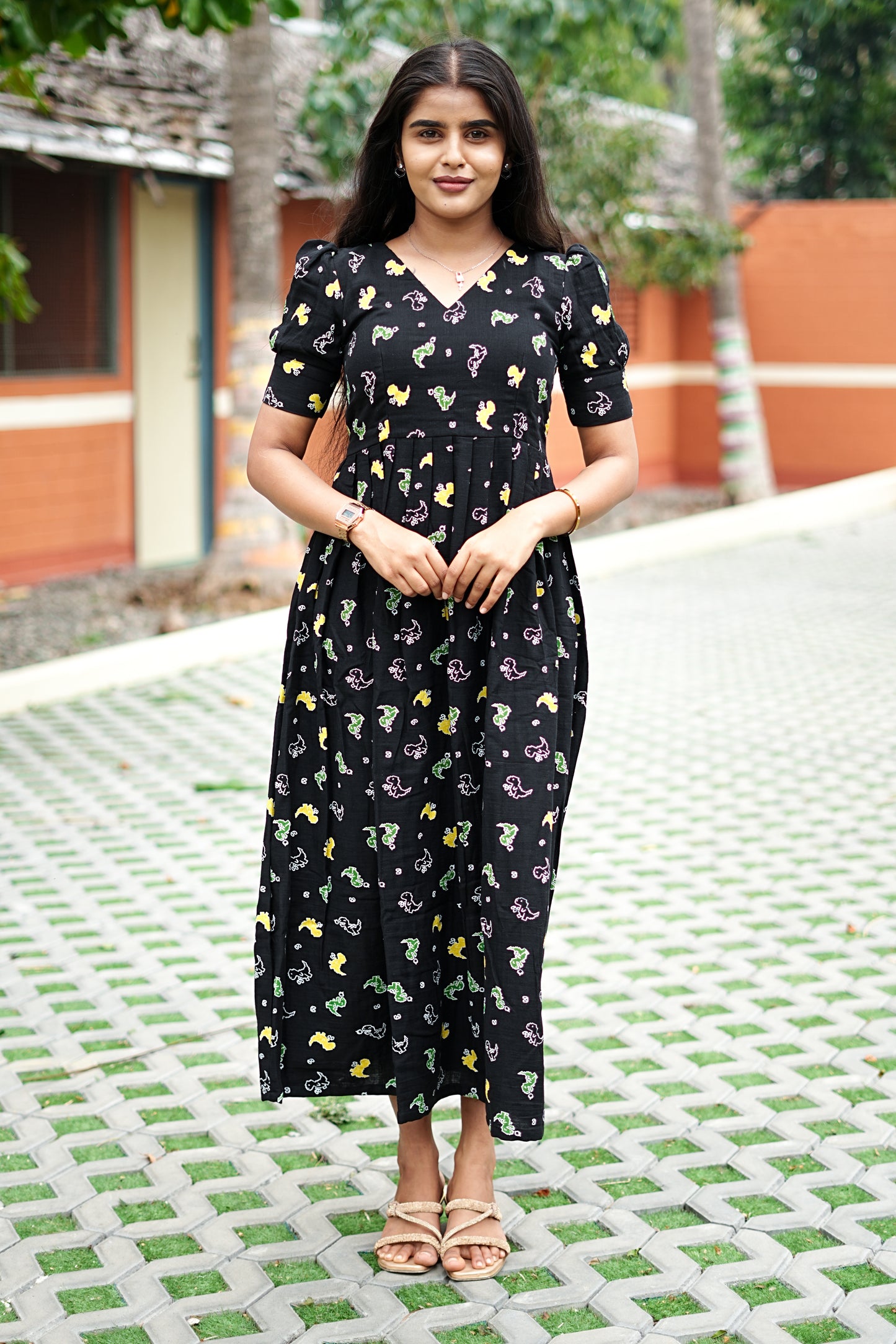 Midnight Black Bunny Maxi Dress for Women | Soft Cotton Printed Maxi Dress | LCMM 011