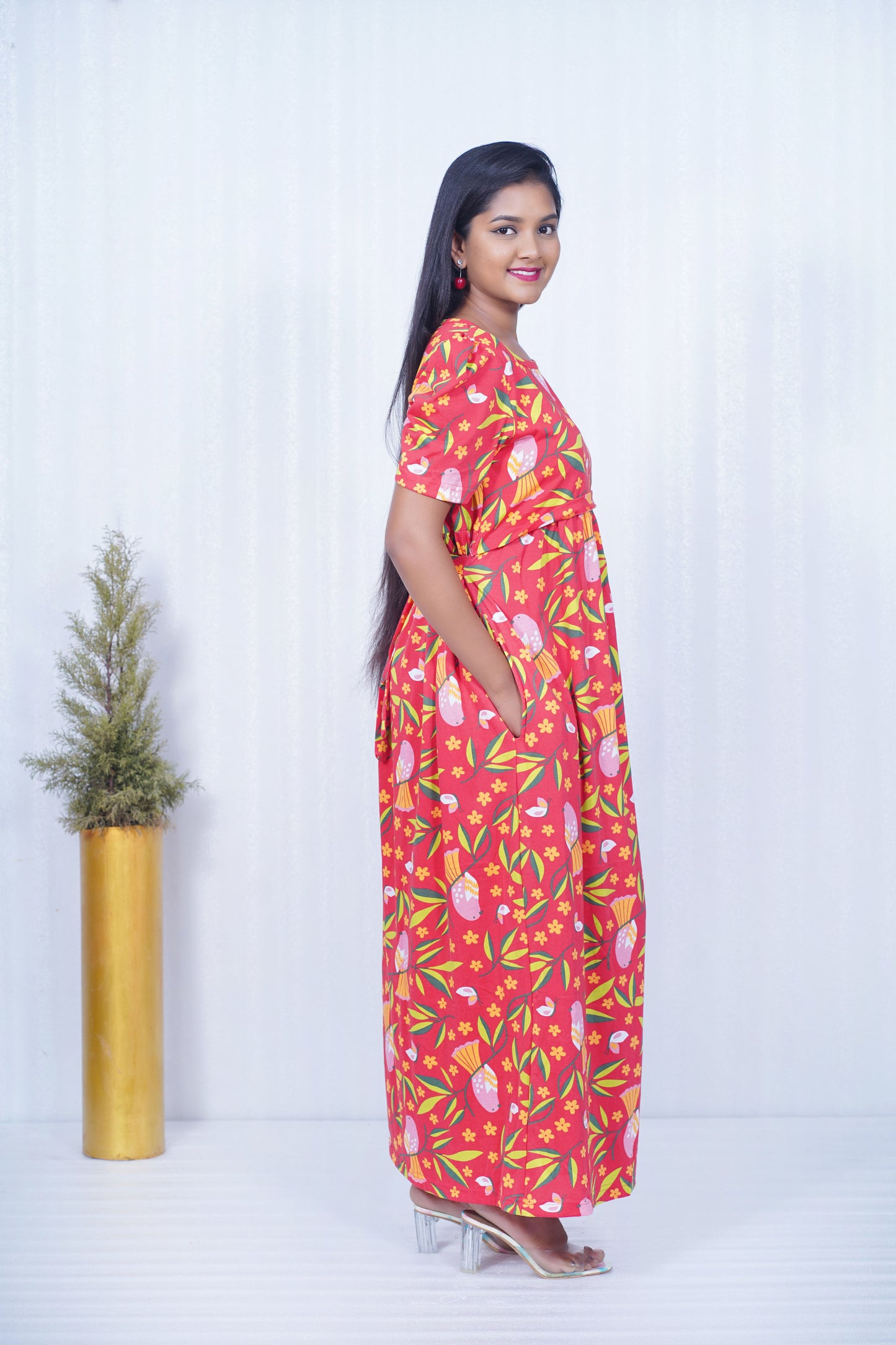 Zipless Feeding Maternity Gown Red Leaf- Puff sleeve 52 inches