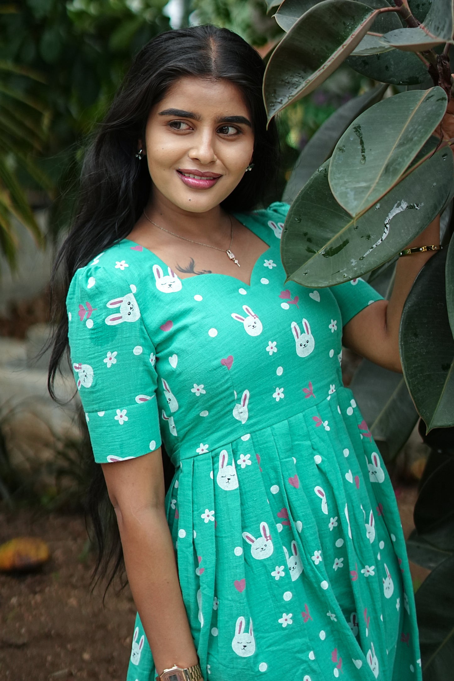 Mint Bunny Bliss Maxi Dress for Women | Printed Cotton Maxi Dress | LCMM 009