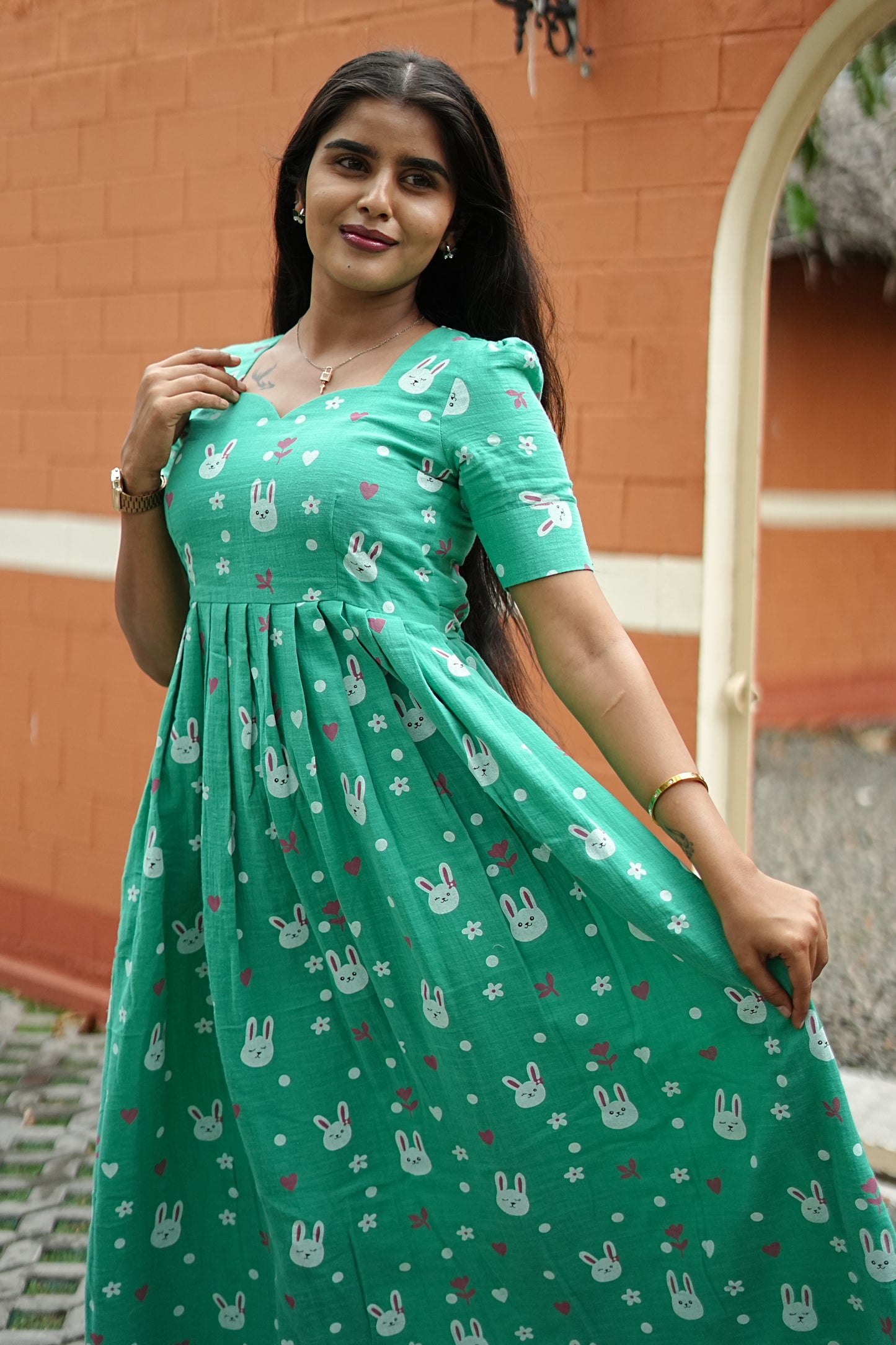 Mint Bunny Bliss Maxi Dress for Women | Printed Cotton Maxi Dress | LCMM 009