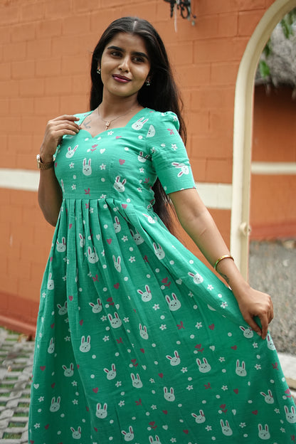 Mint Bunny Bliss Maxi Dress for Women | Printed Cotton Maxi Dress | LCMM 009