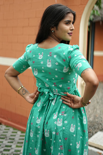 Mint Bunny Bliss Maxi Dress for Women | Printed Cotton Maxi Dress | LCMM 009