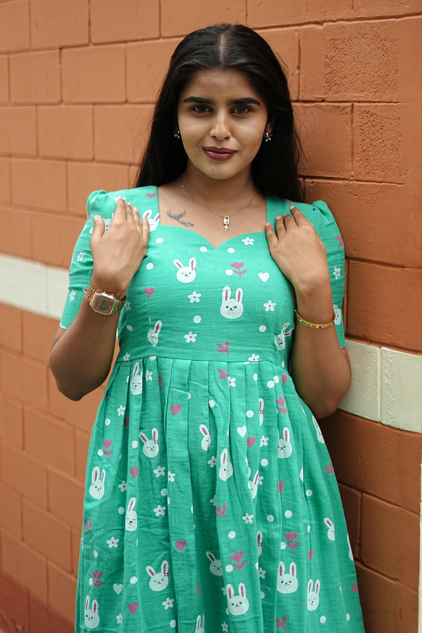 Mint Bunny Bliss Maxi Dress for Women | Printed Cotton Maxi Dress | LCMM 009