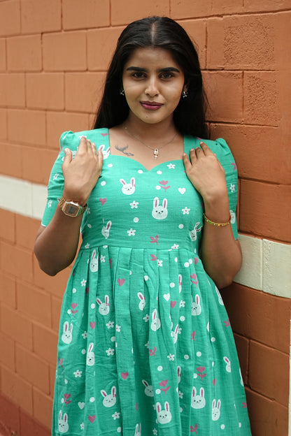 Mint Bunny Bliss Maxi Dress for Women | Printed Cotton Maxi Dress | LCMM 009