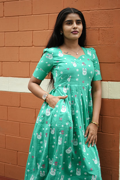 Mint Bunny Bliss Maxi Dress for Women | Printed Cotton Maxi Dress | LCMM 009
