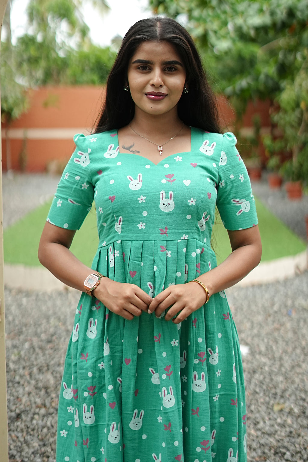 Mint Bunny Bliss Maxi Dress for Women | Printed Cotton Maxi Dress H - 003