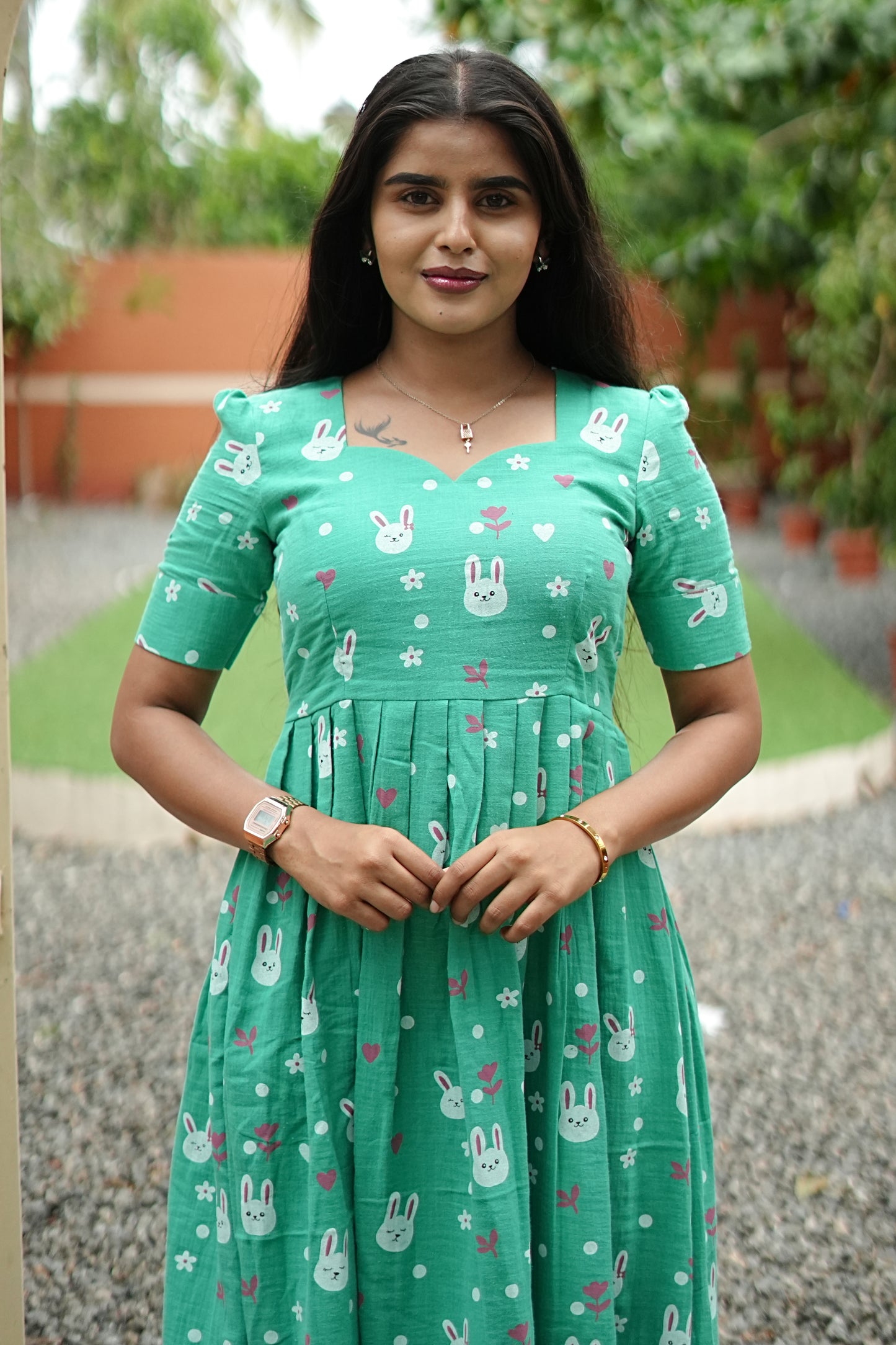 Mint Bunny Bliss Maxi Dress for Women | Printed Cotton Maxi Dress | LCMM 009