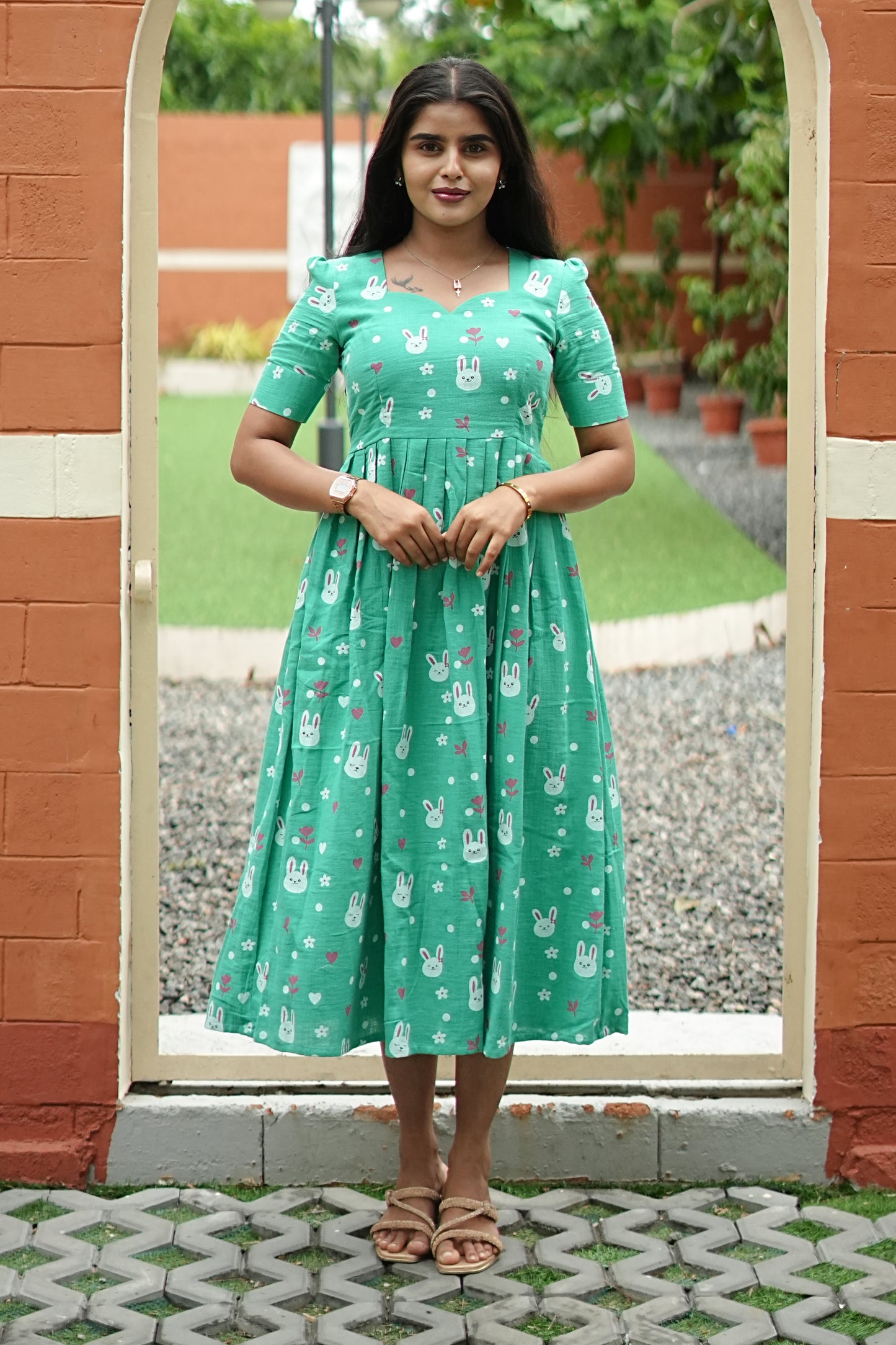 Mint Bunny Bliss Maxi Dress for Women | Printed Cotton Maxi Dress | LCMM 009