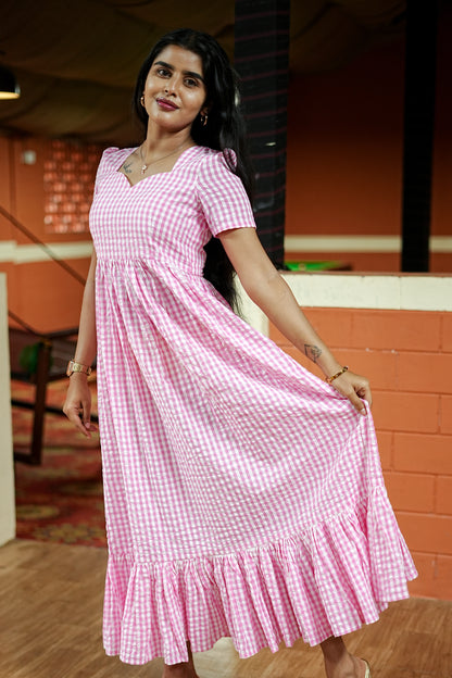 Pink Checked Gingham  Maxi Dress