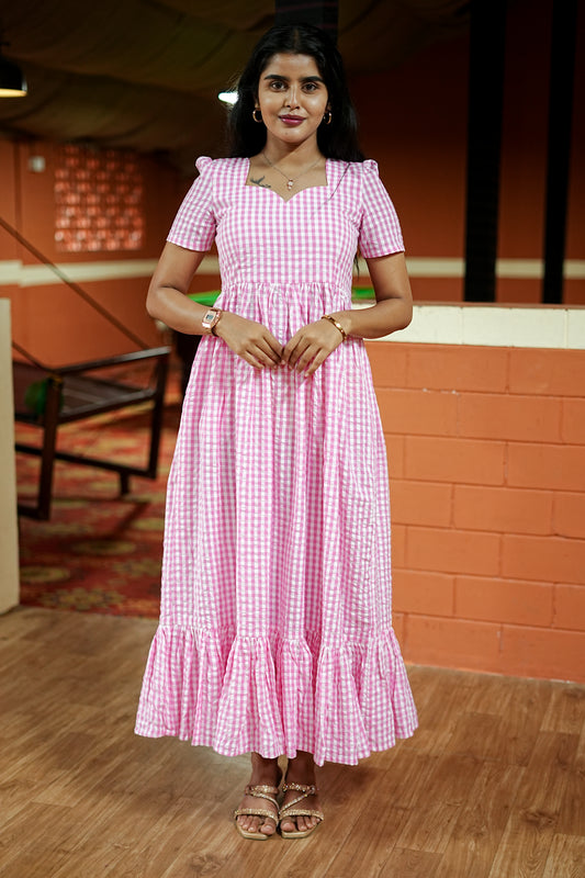 Pink Checked Gingham  Maxi Dress