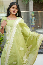 Pistachio Green Floral Mul Chanderi Co ord Set | F - 013