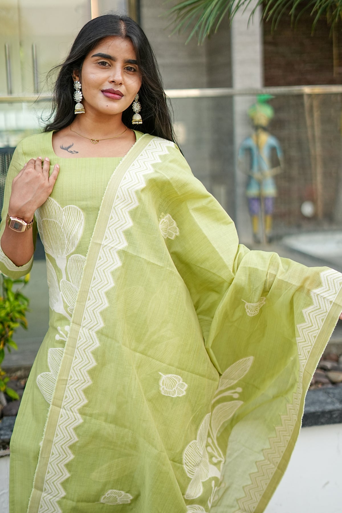 Pistachio Green Floral Mul Chanderi Co ord Set | F - 013
