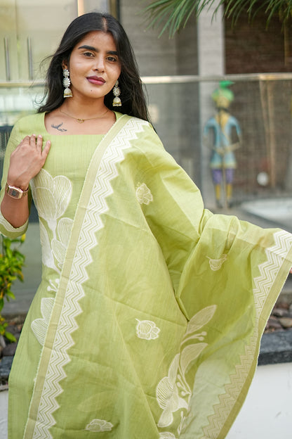 Pistachio Green Floral Mul Chanderi Co ord Set | LCCP 033