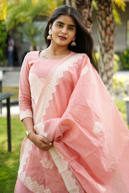 Blush Pink Floral Mul Chanderi Cotton Set  | LCCB 032