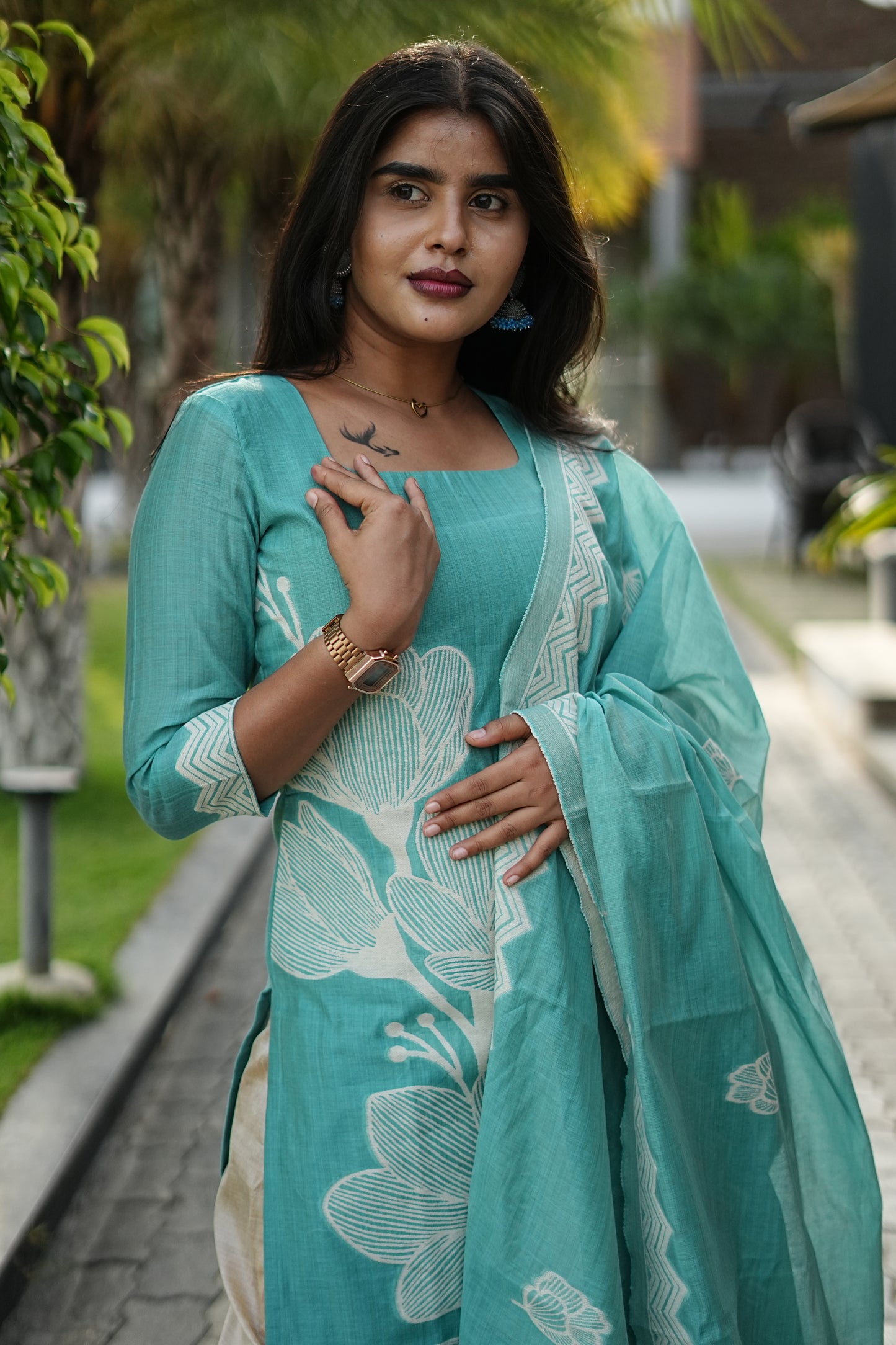 Aqua Blossom Mul Chanderi Cotton 2-Piece Set | LCCA 027