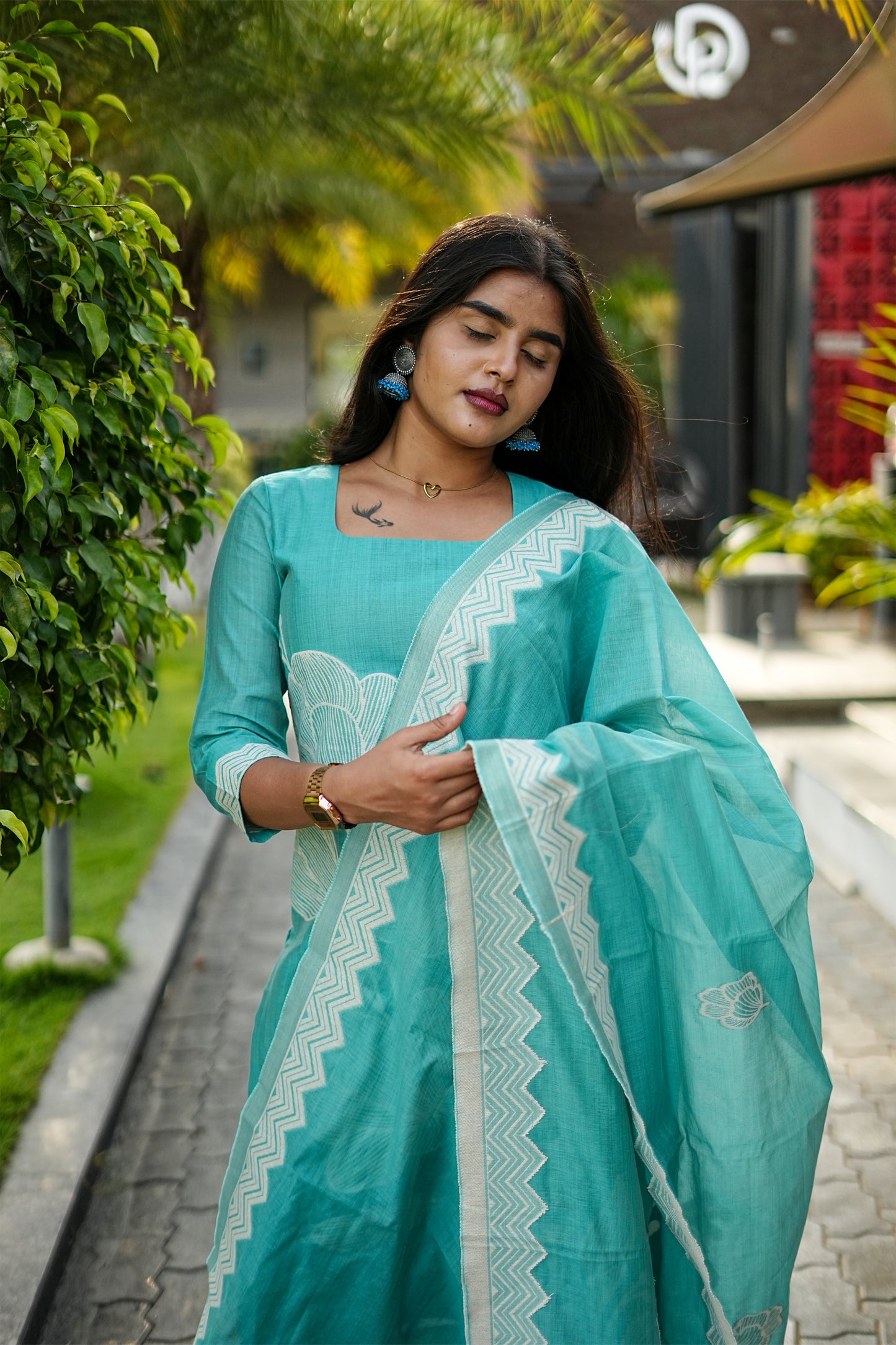 Aqua Blossom Mul Chanderi Cotton 2-Piece Set | LCCA 027