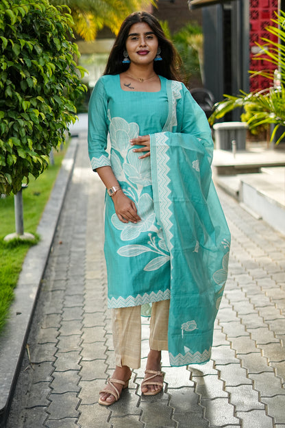 Aqua Blossom Mul Chanderi Cotton 2-Piece Set | LCCA 027