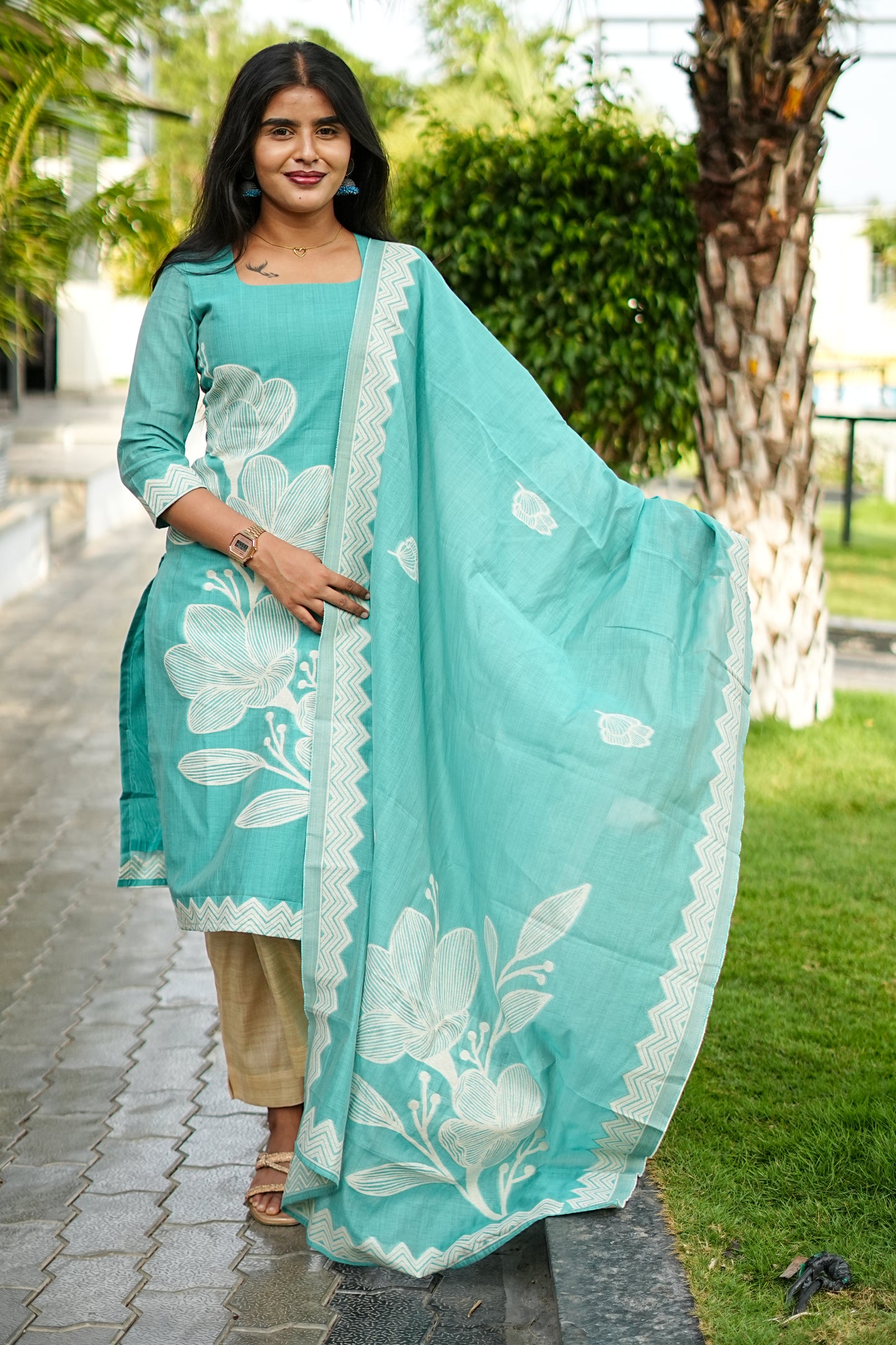 Aqua Blossom Mul Chanderi Cotton 2-Piece Set | LCCA 027