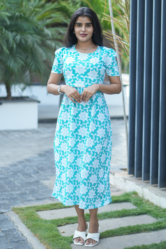 Capri Feeding Wear with Puff Sleeve Royal Green Star Floral
