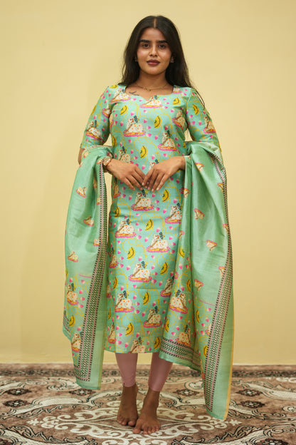 Aqua petals Floral Printed Kurta with Dupatta | F - 001