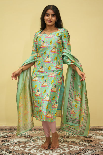 Aqua petals Floral Printed Kurta with Dupatta | F - 001